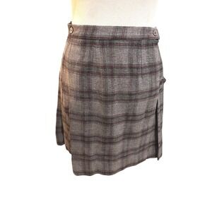 Vintage Grey Plaid Pleated Kilt Skirt Burgundy Accent Knee Length Wrap Style